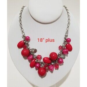 Red/Fuchsia Dangle Multi Bead Vintage Artisan 18" Necklace - with 2" Extension